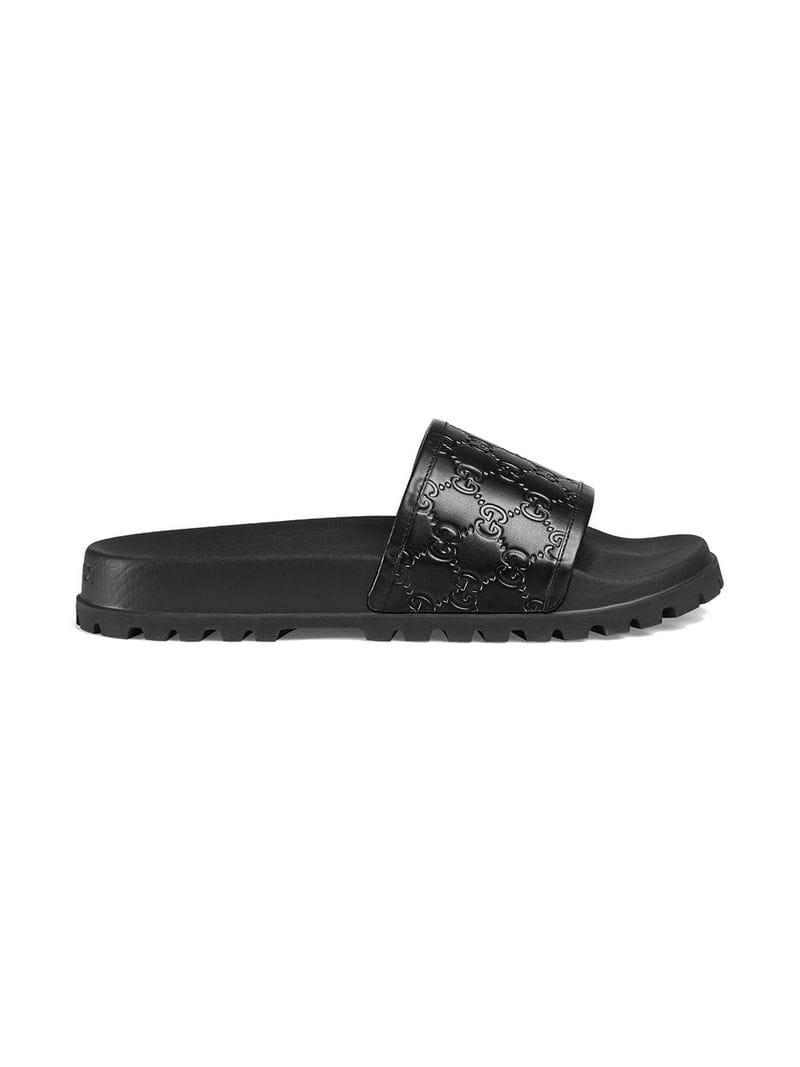 Gucci Leather Signature Slide Sandal in Black for Men | Lyst