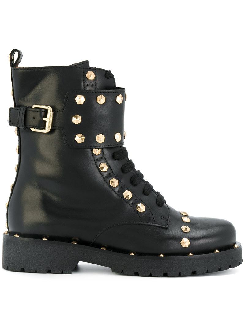 Twin Set Leather Geometric Studs Combat Boots in Black - Lyst