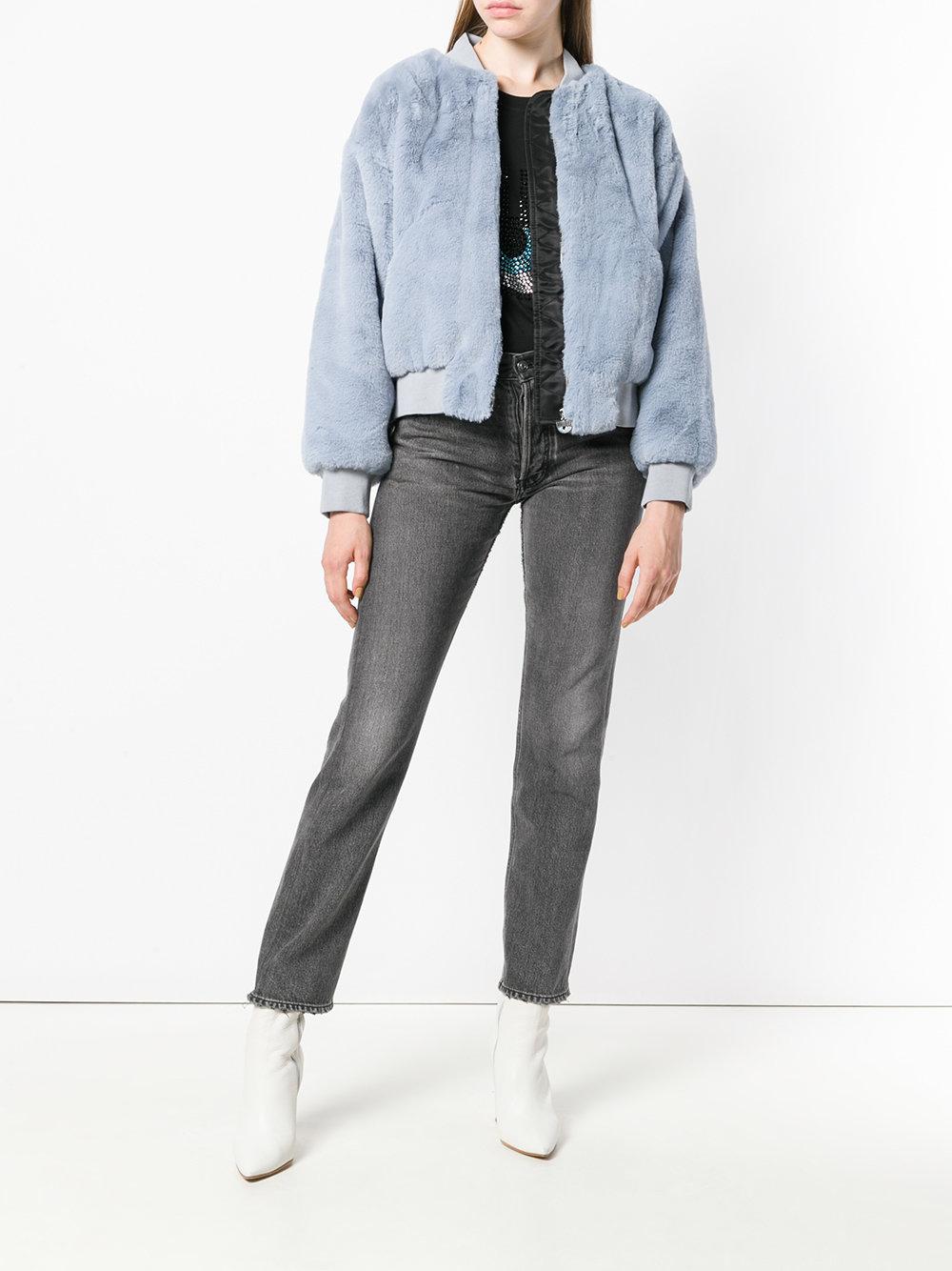 blue fur bomber jacket