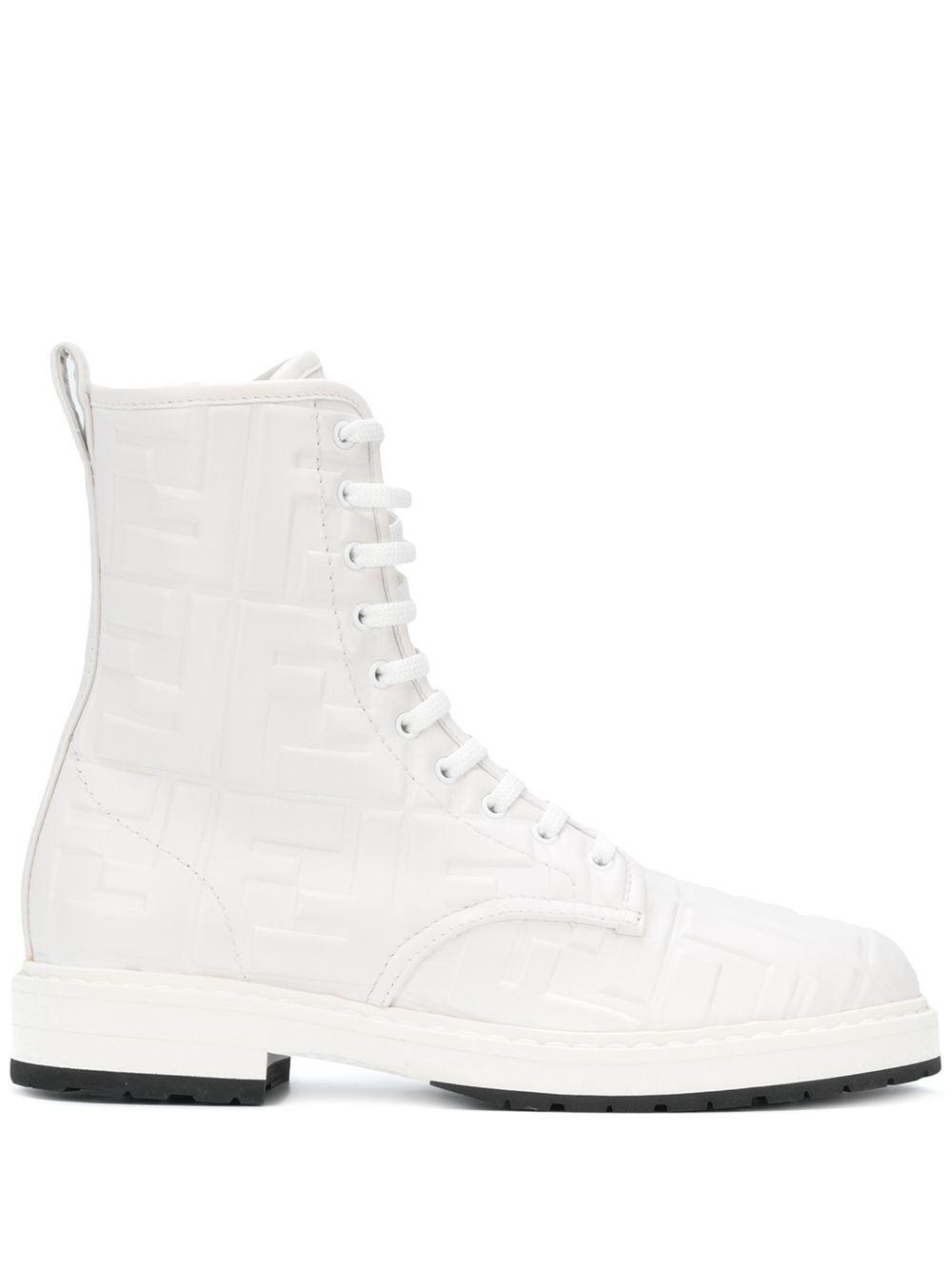 Fendi Leather Ff Embossed Combat Boots in White - Lyst