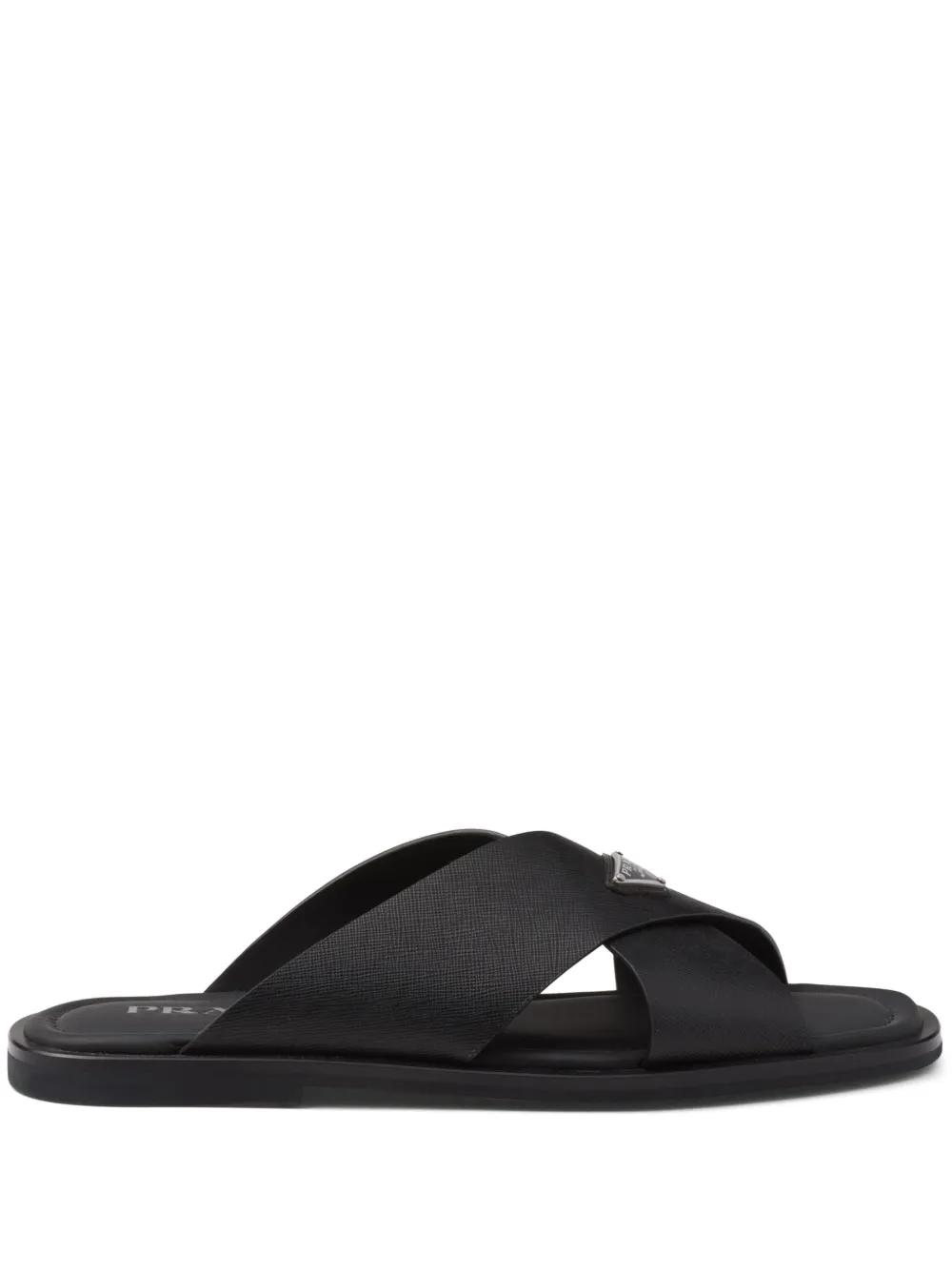 Prada Crisscross Logo-Triangle Leather Sandals in Black for Men