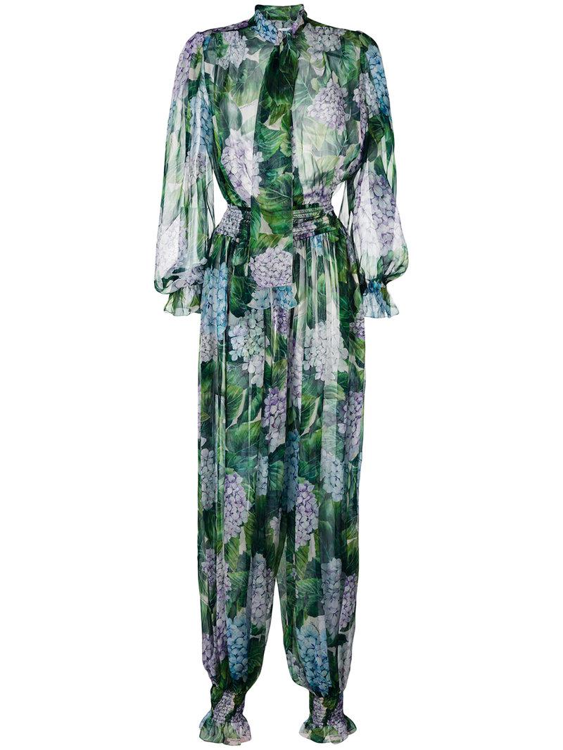 Dolce & Gabbana Silk Hydrangea Print Jumpsuit in Green - Lyst