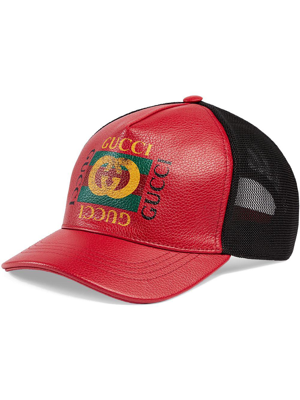 Gucci Print Leather Baseball Hat in Black Poppy Red (Red) for Men | Lyst