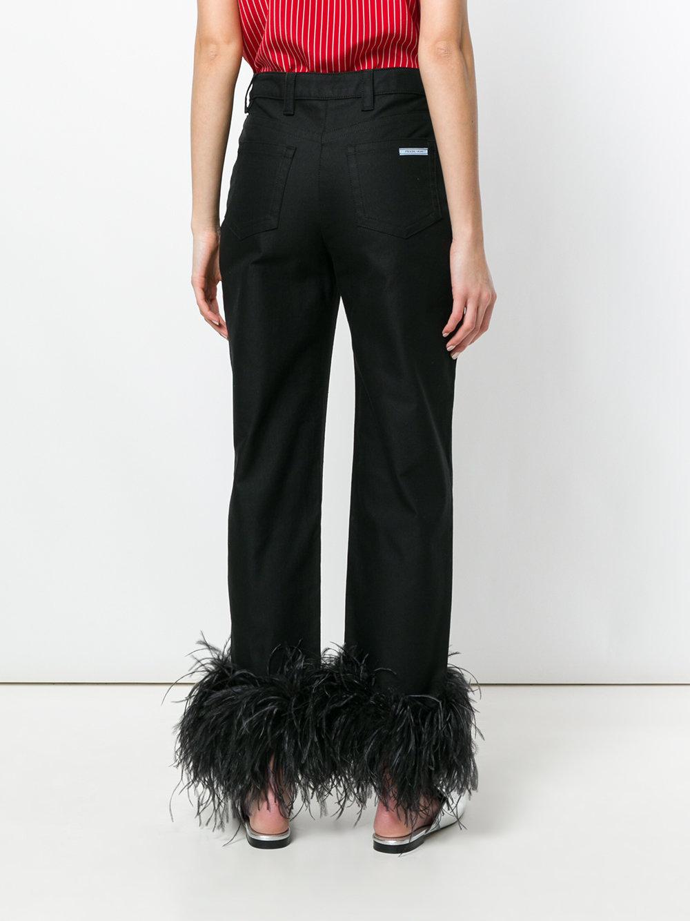 Prada Cotton High Waisted Feather Trim Trousers in Black - Lyst