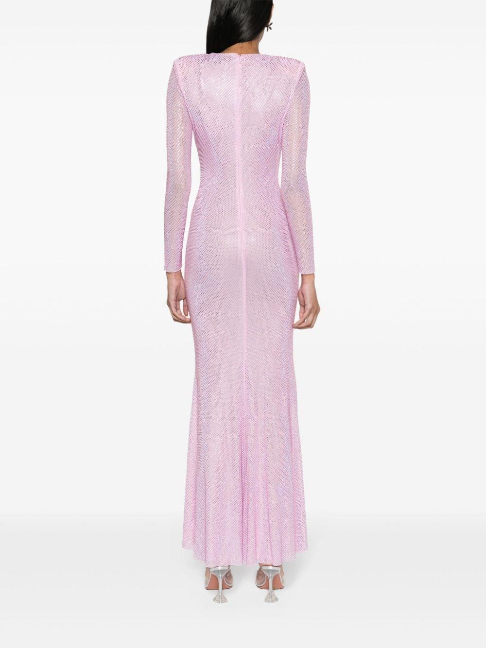self portrait pink rhinestone dress PINK RHINESTONE MESH GATHERED MIDI DRESS