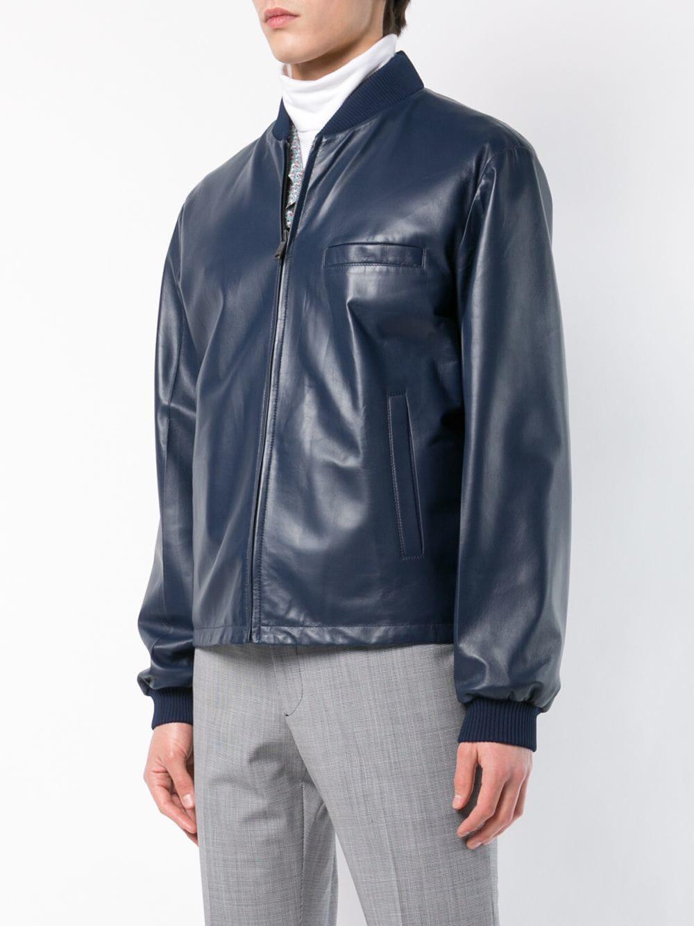 Prada Smooth Leather Bomber Jacket in Blue for Men | Lyst
