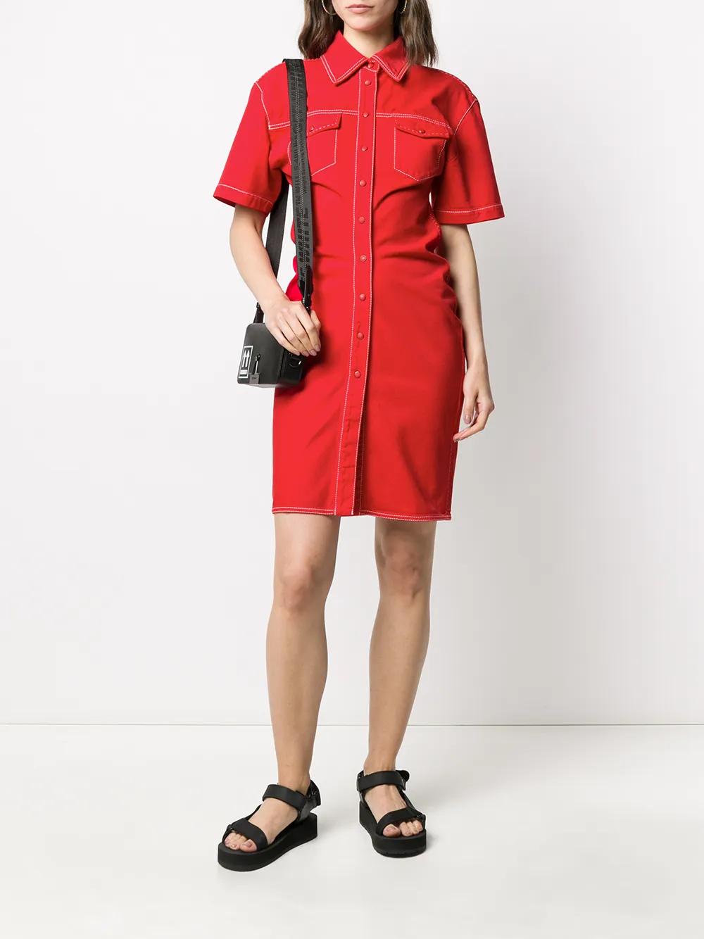 red denim shirt dress Red Denim Button Down Mini Dress