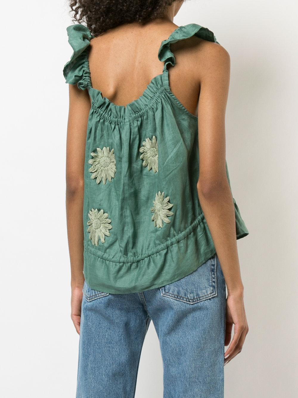Innika Choo Linen Embroidered Floral Top in Green - Lyst