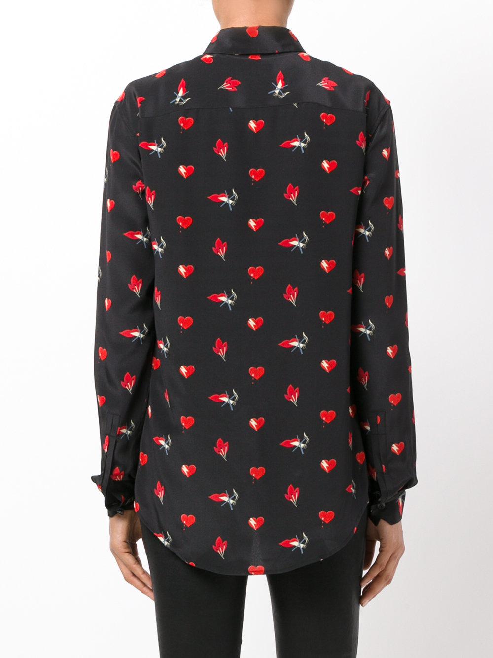 Saint Laurent Silk Smoking Lips Heart Print Shirt in Black & White 