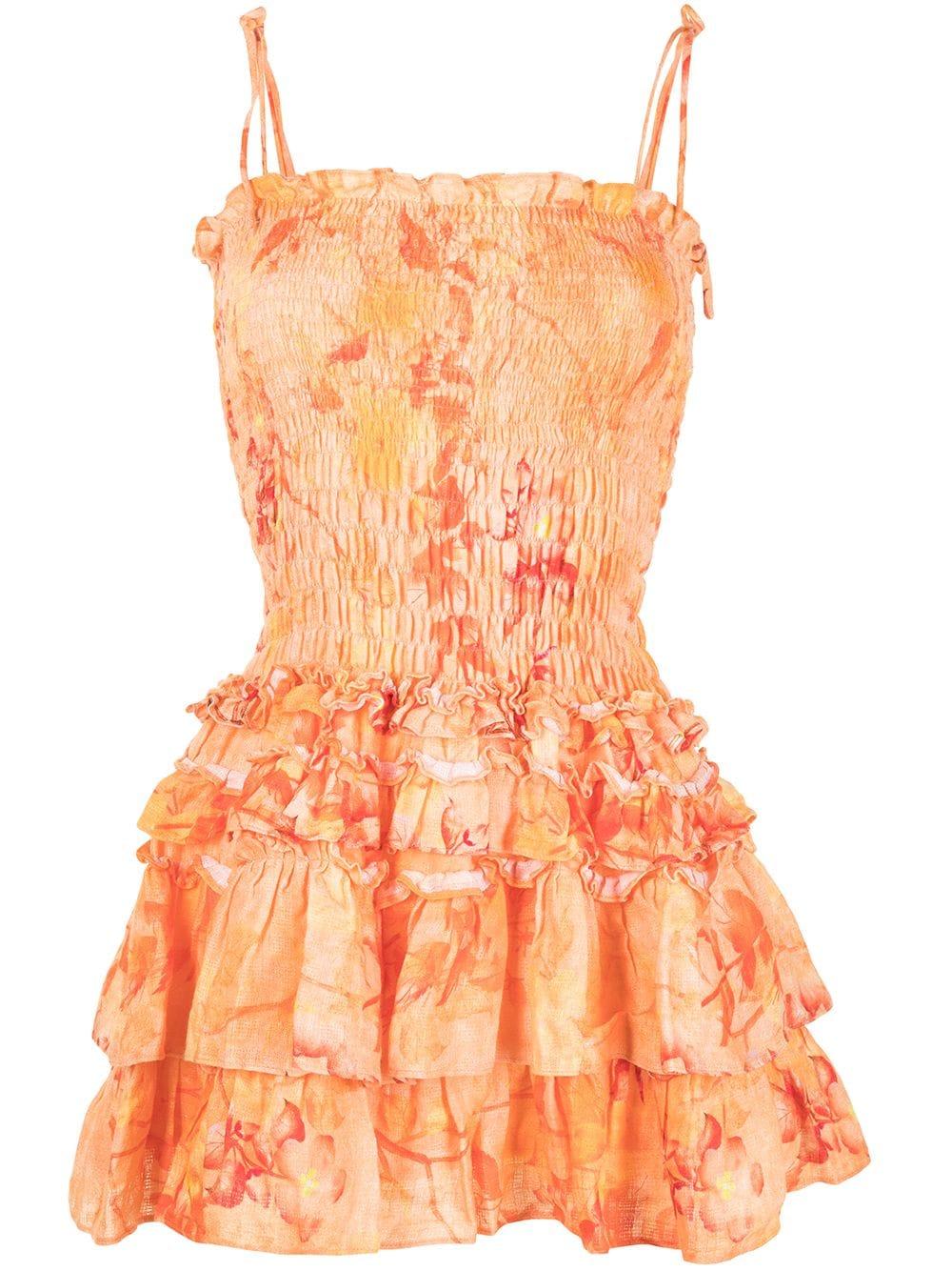 Bambah Floral-print Smocked Linen Dress in Orange | Lyst