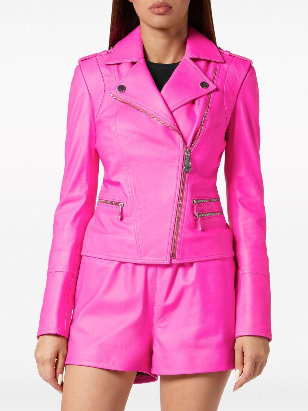 Philipp Plein Pink Cropped Leather Jacket Philipp Plein Graffiti