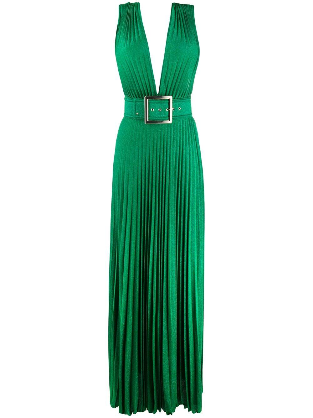 Elisabetta Franchi Pleated Sleeveless Gown in Green | Lyst
