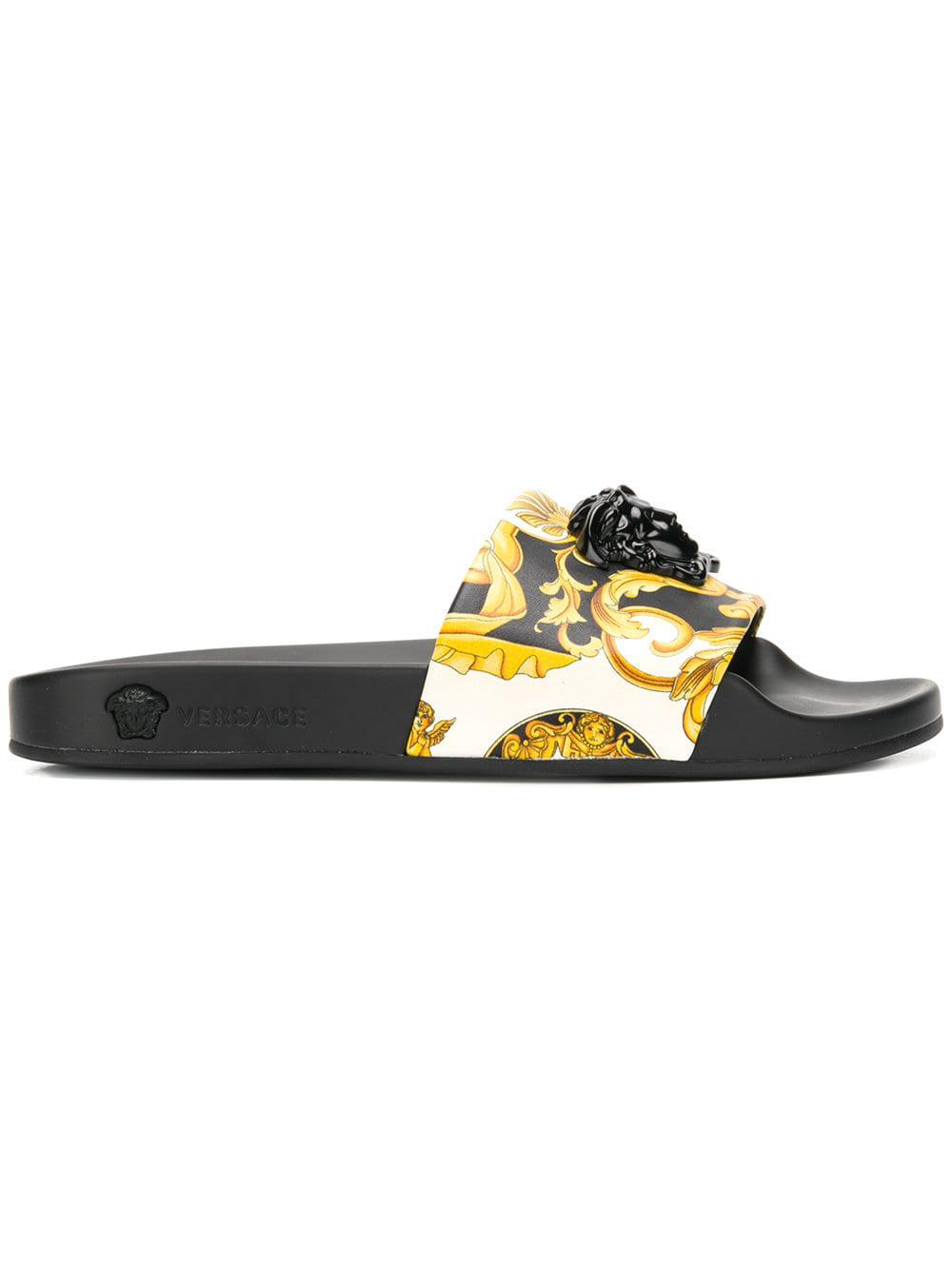 Versace Leather Signature Print Medusa Slides in Yellow - Lyst