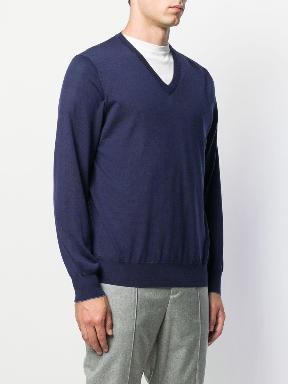 Brunello Cucinelli Wool V-neck Sweater in Blue for Men - Lyst