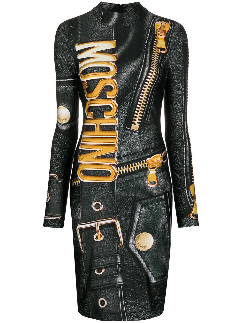 Moschino Leather Logo-print Long-sleeve Dress in Black | Lyst