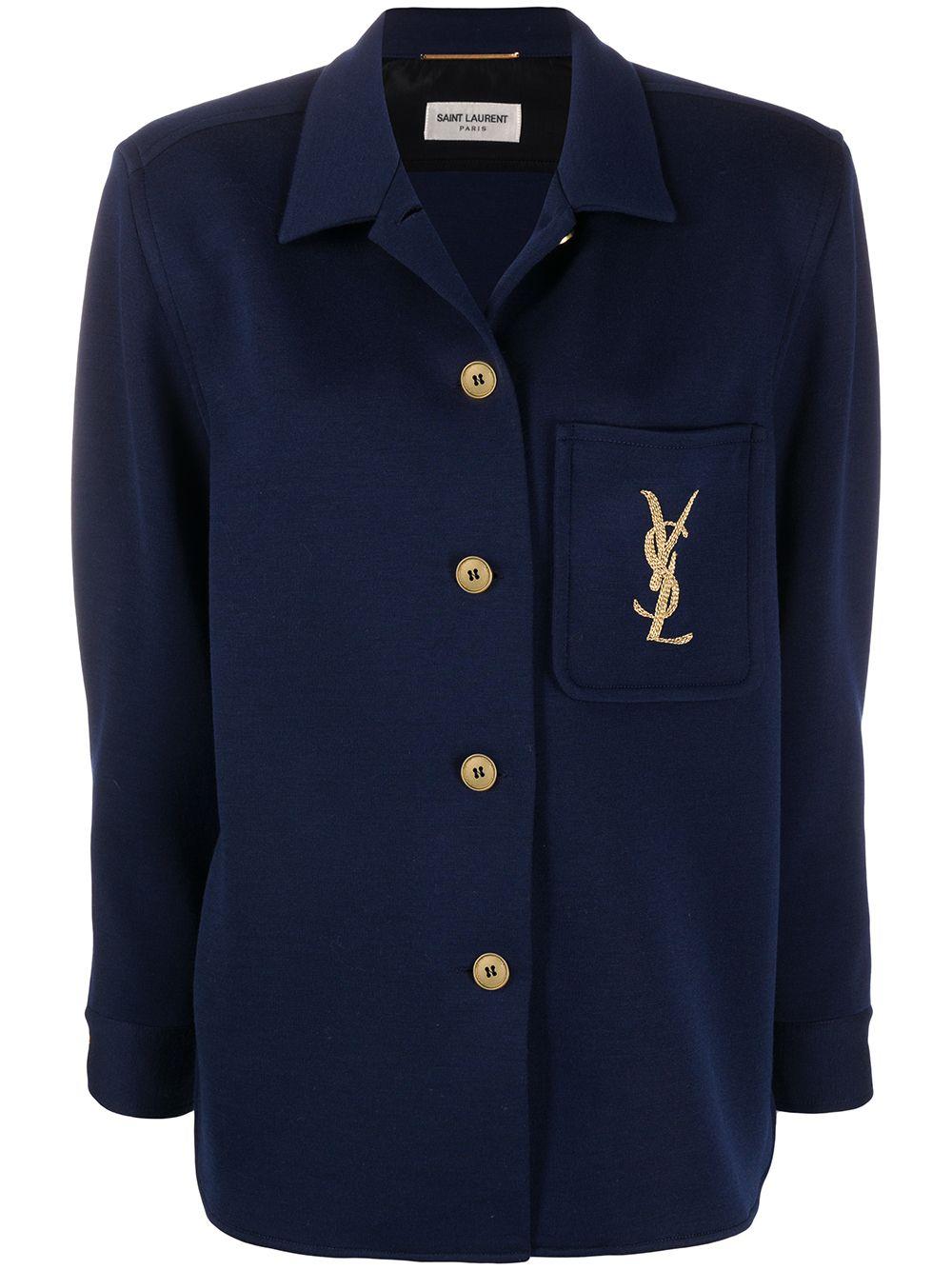 Saint Laurent Logo Embroidered Shirt Jacket in Blue