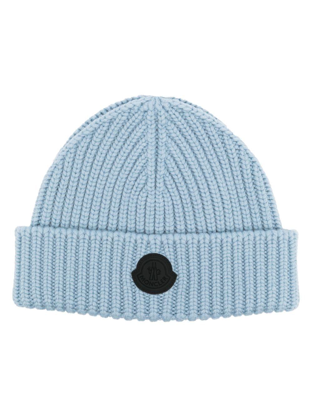 Moncler Logo-patch Knit Wool Beanie in Blue for Men | Lyst