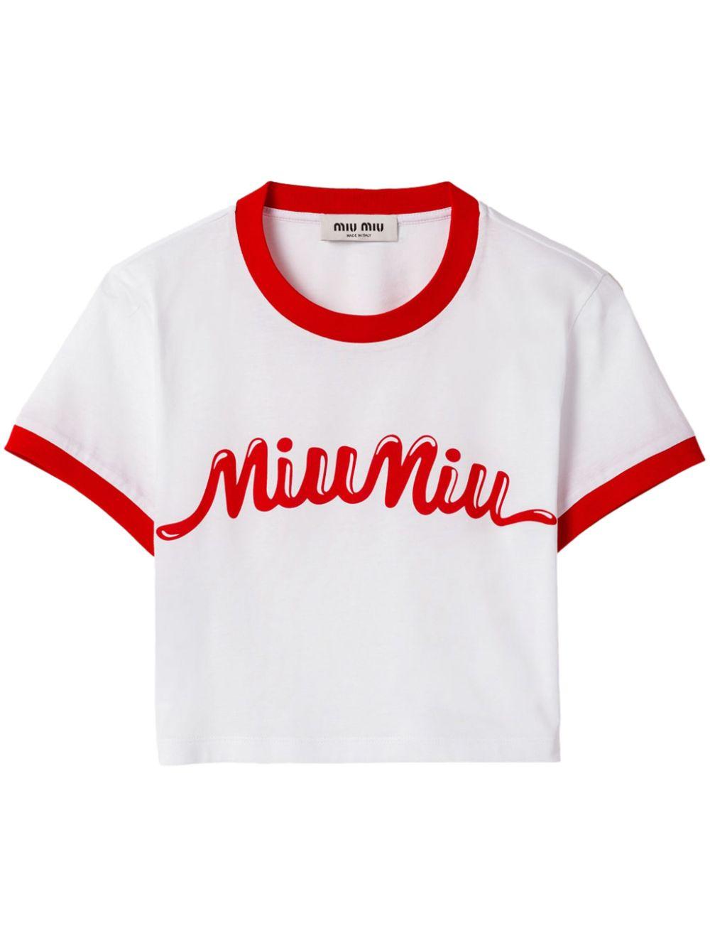 ★MiuMiu★ Logo Print Crop Short Sleeve T-Shirt White Red MJ Miu Miu Logo-Print T-Shirt in Red | Lyst Australia