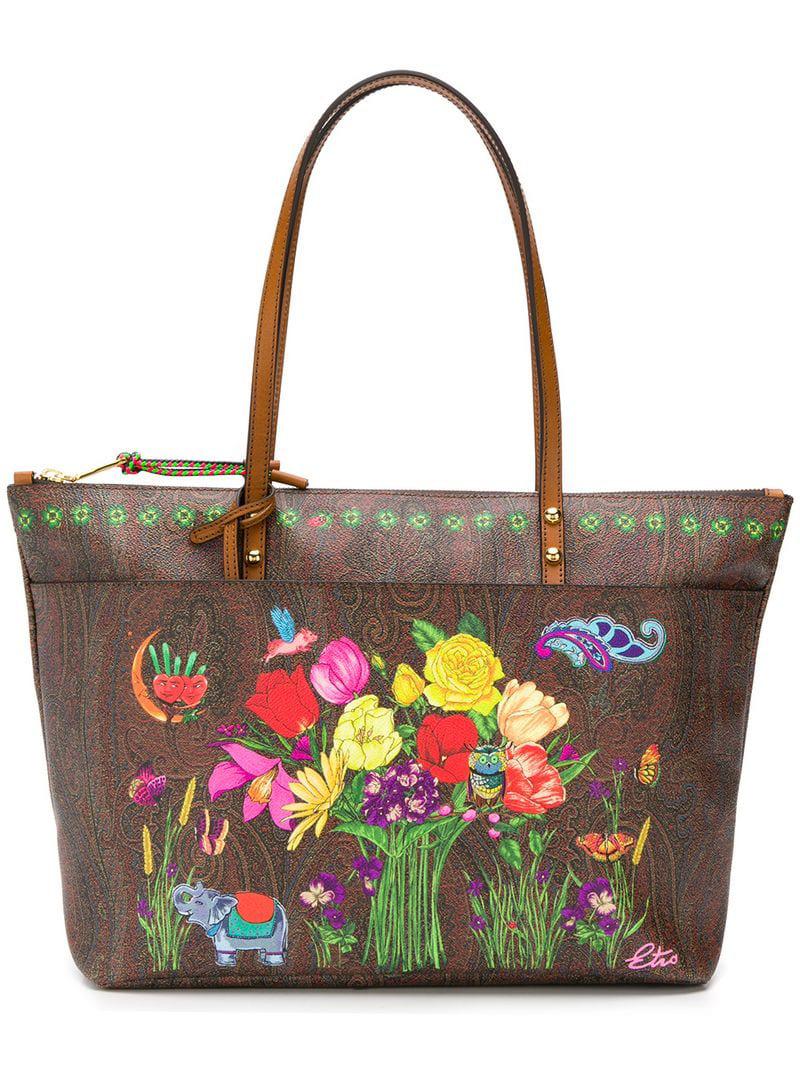 Etro Cotton Floral Print Tote Bag in Brown - Lyst