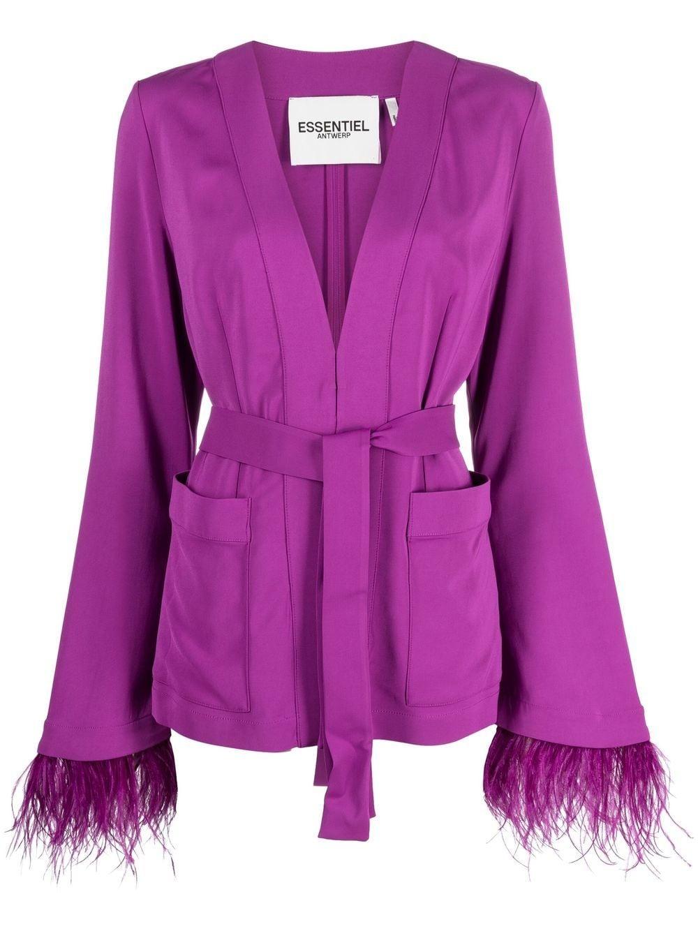 Essentiel Antwerp Feathertrim Belted Jacket in Purple Lyst UK