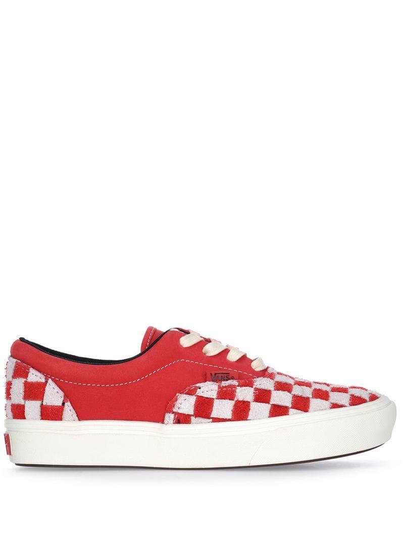 low top checkered vans red