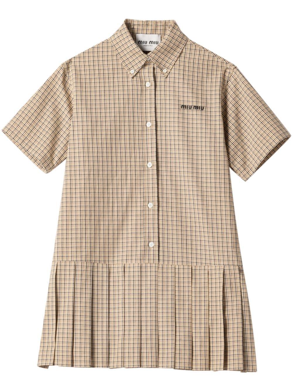 Miu Miu Pleated Check Dress in Natural | Lyst Canada