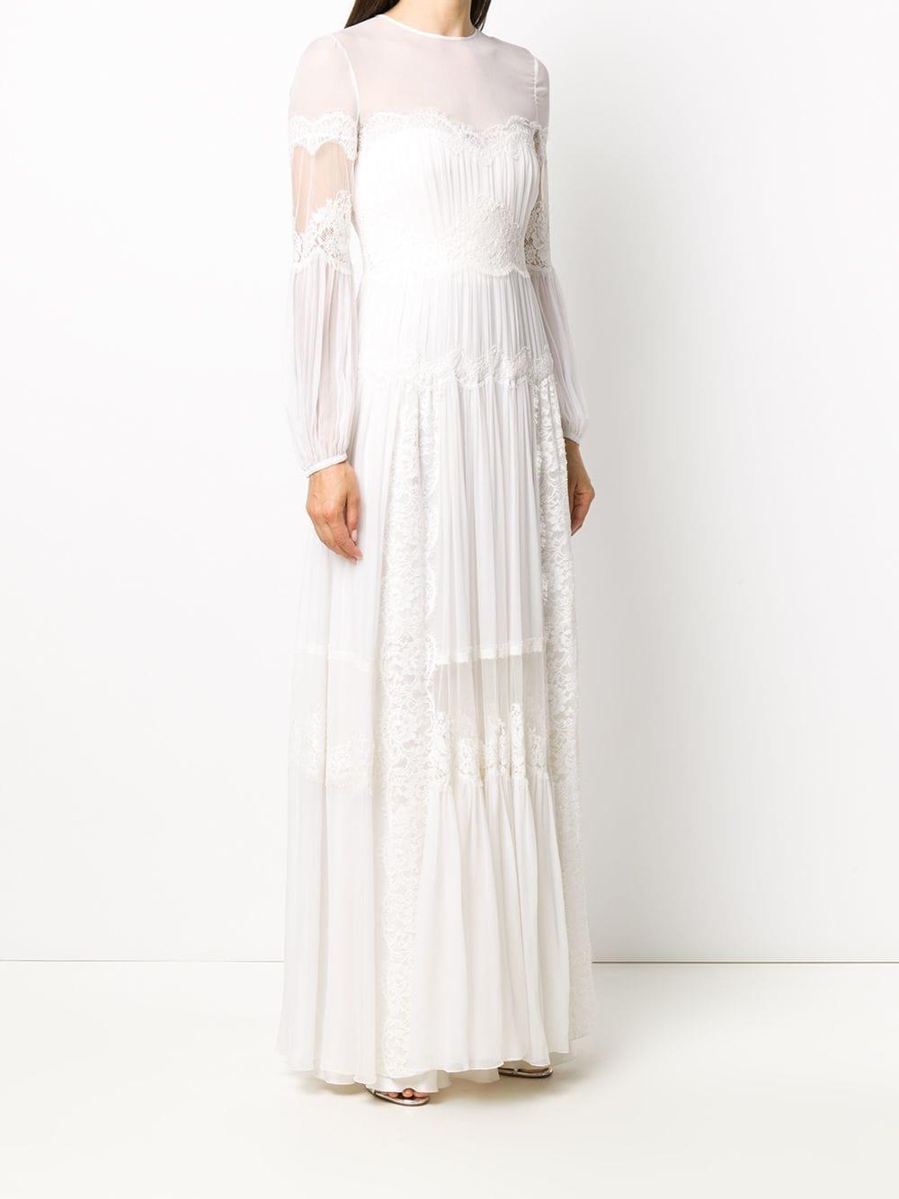 Alberta Ferretti Silk Long Sleeve Lace Detail Dress in White - Lyst