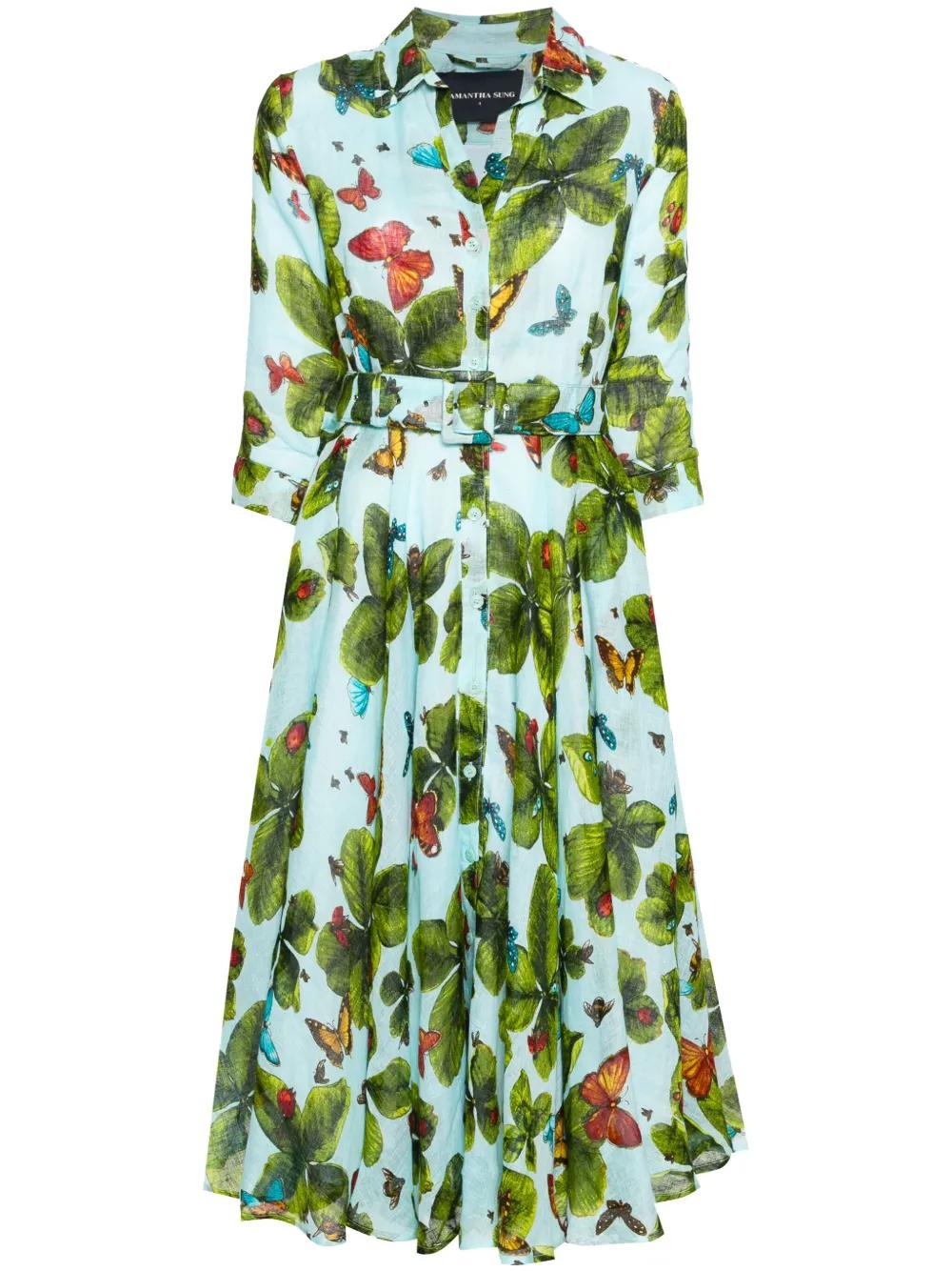 Samantha Sung Butterfly Print Shirt Dress in Green | Lyst UK