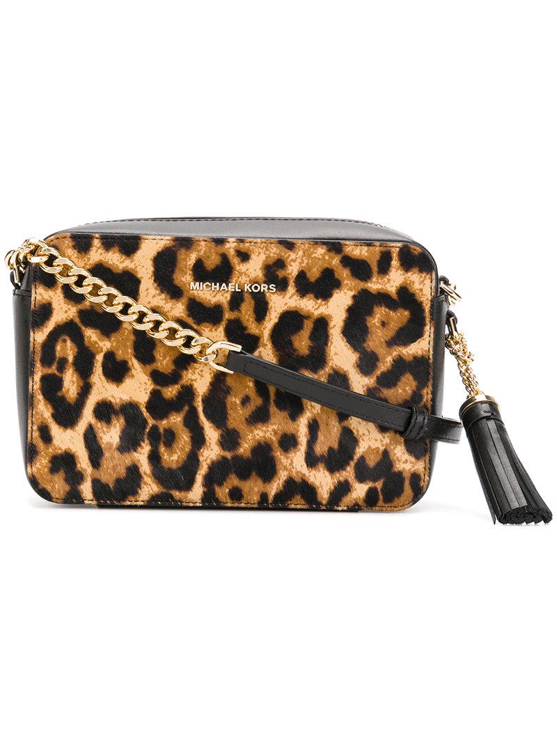 MICHAEL Michael Kors Leather Leopard Print Shoulder Bag in Brown - Lyst