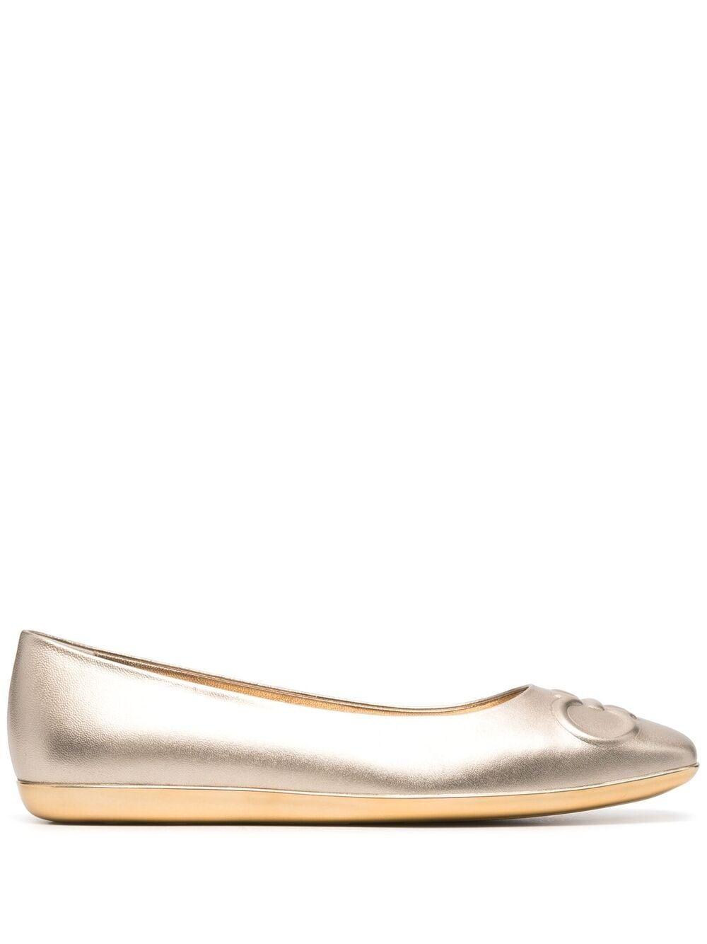 Ferragamo Gancini-motif Square-toe Ballerina Shoes in Metallic | Lyst