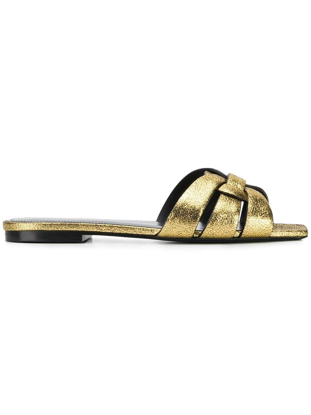 Saint Laurent Tribute Gold Leather Sliders in Metallic | Lyst Australia