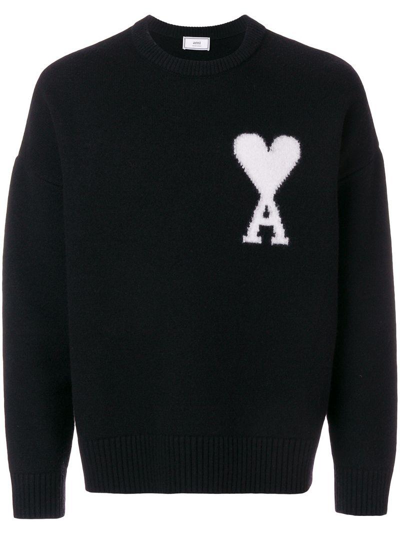 AMI Wool Oversize Ami De Coeur Crewneck Sweater in Black for Men - Lyst