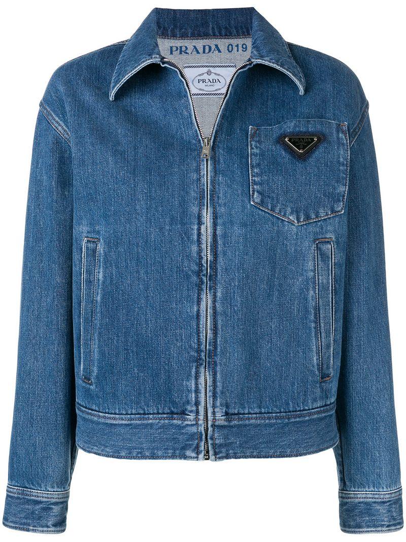 Prada Zipped Logo Denim Jacket in Blue | Lyst Prada Zipped Logo Denim Jacket in Blue | Lyst