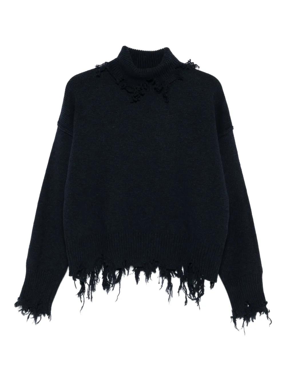 The Seafarer Stella Frayed-Edges High-Neck Sweater in Black Lyst