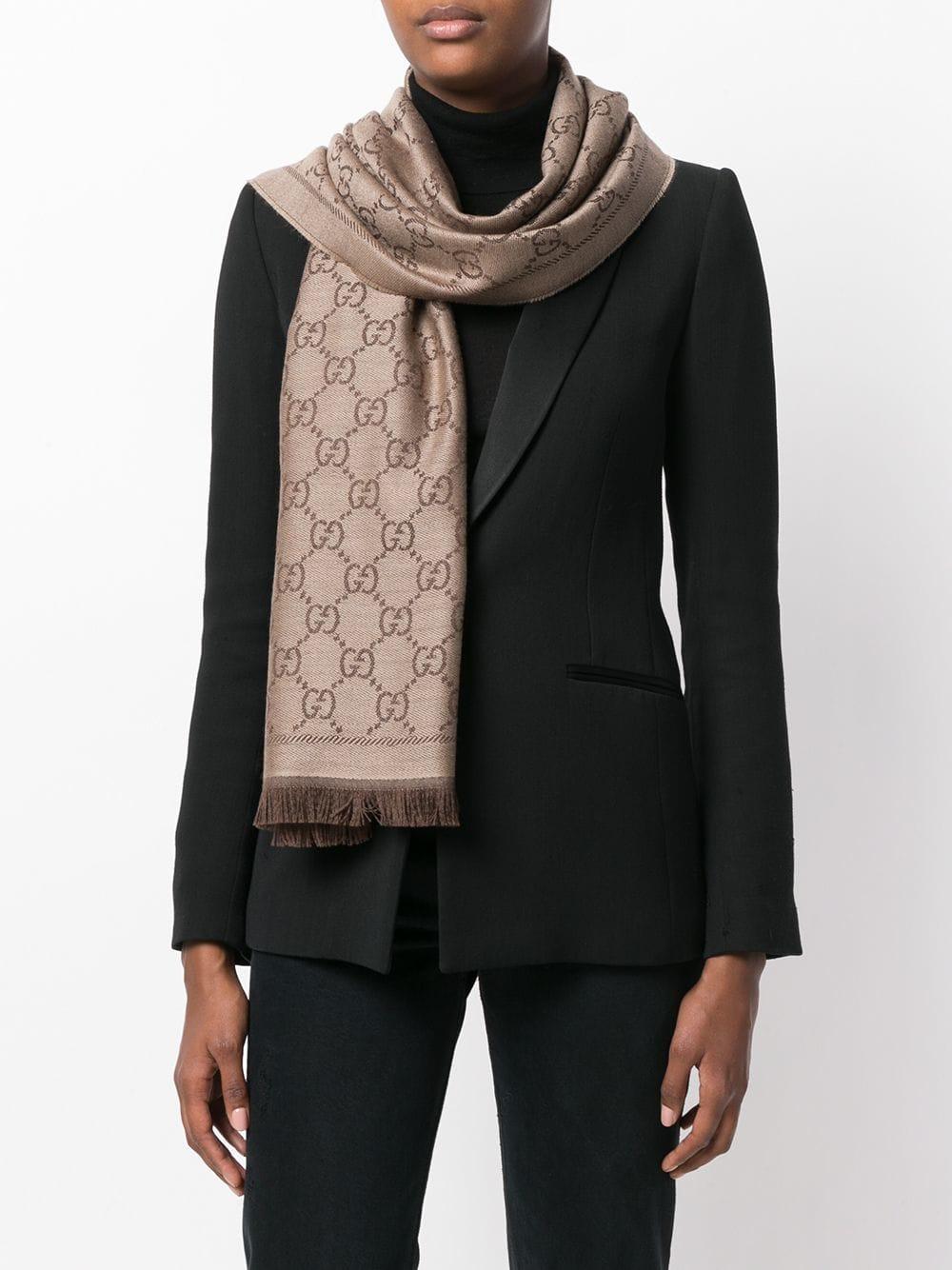 Gucci Wool GG Jacquard Scarf in Brown - Lyst