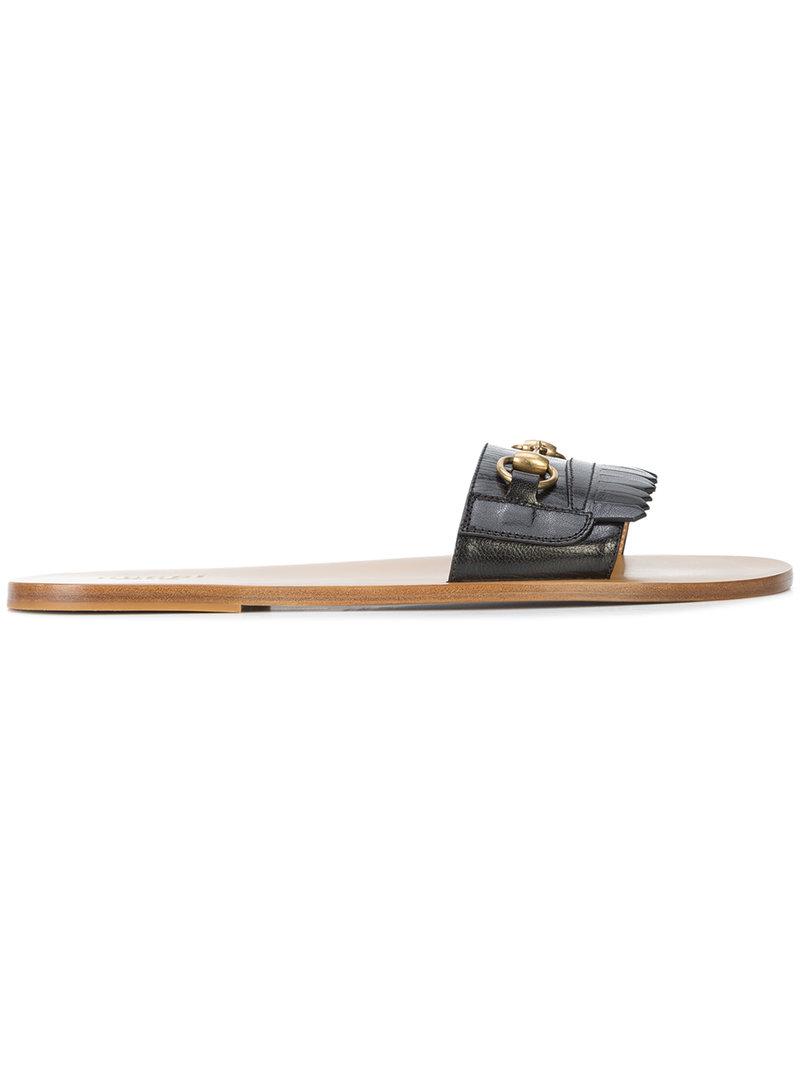 gucci fringe leather horsebit slide