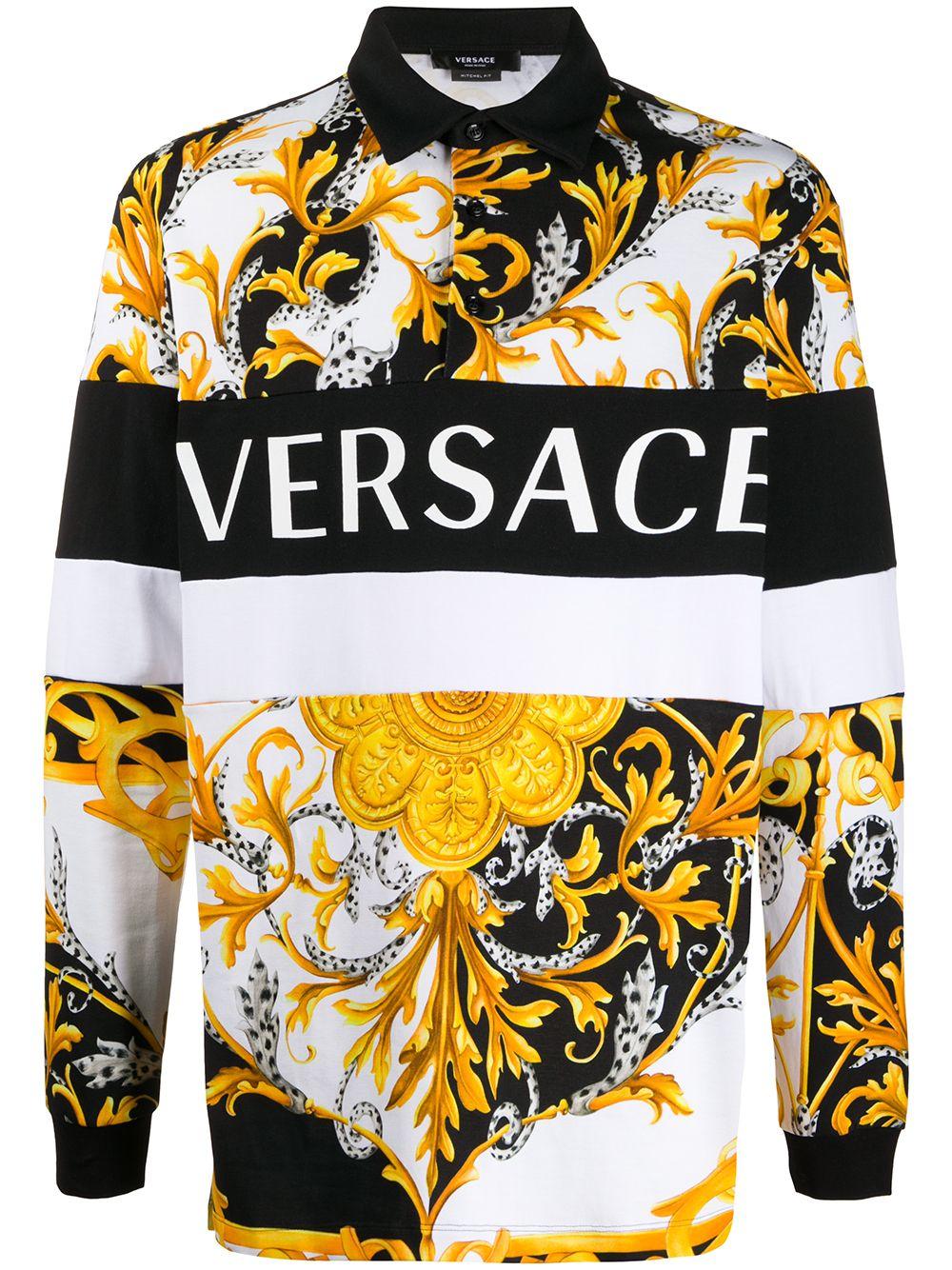 Versace Mixed-print Long-sleeve Polo Shirt in White for Men | Lyst