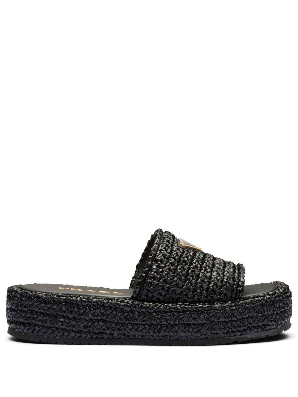 Prada Crocheted Raffia effect Flatform Slides in Black Lyst