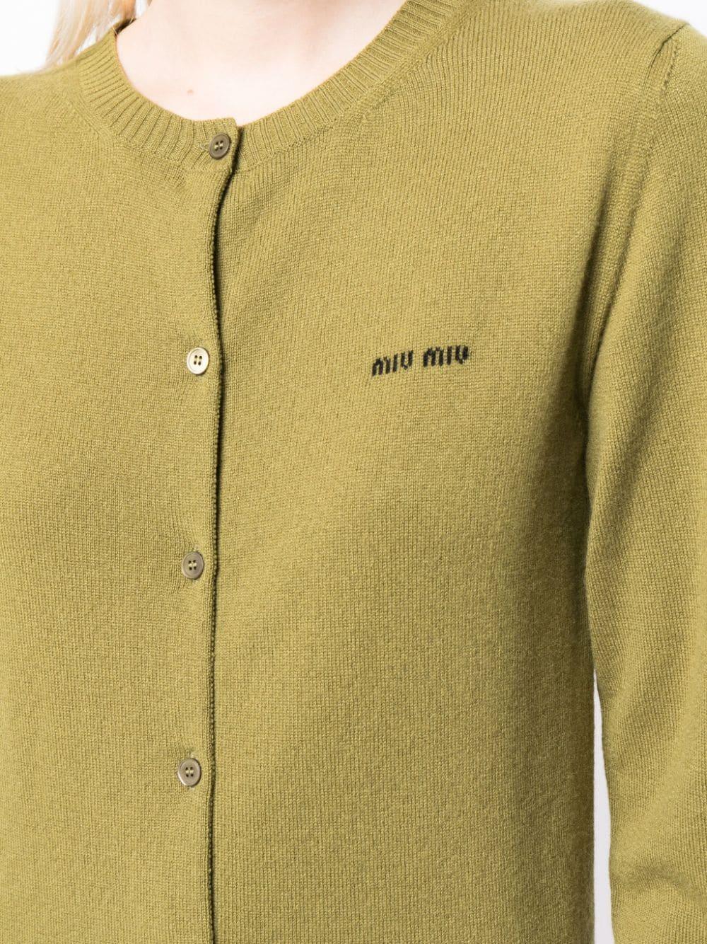 Miu Miu Logo-intarsia Fine-knit Cardigan in Green | Lyst