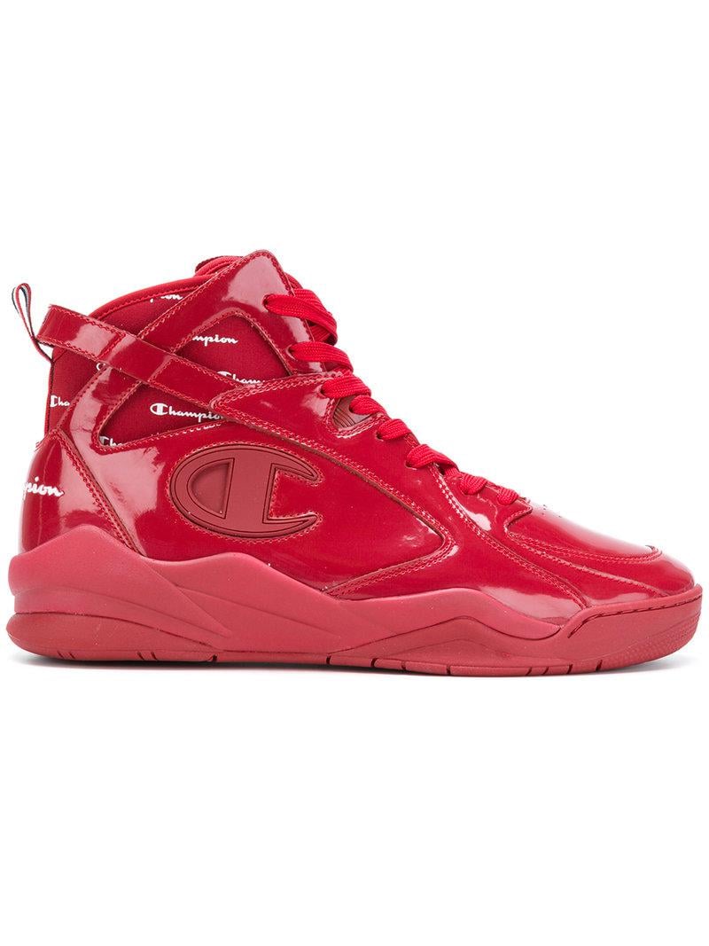 Champion Leather Lace-up Hi-top Sneakers in Red - Lyst