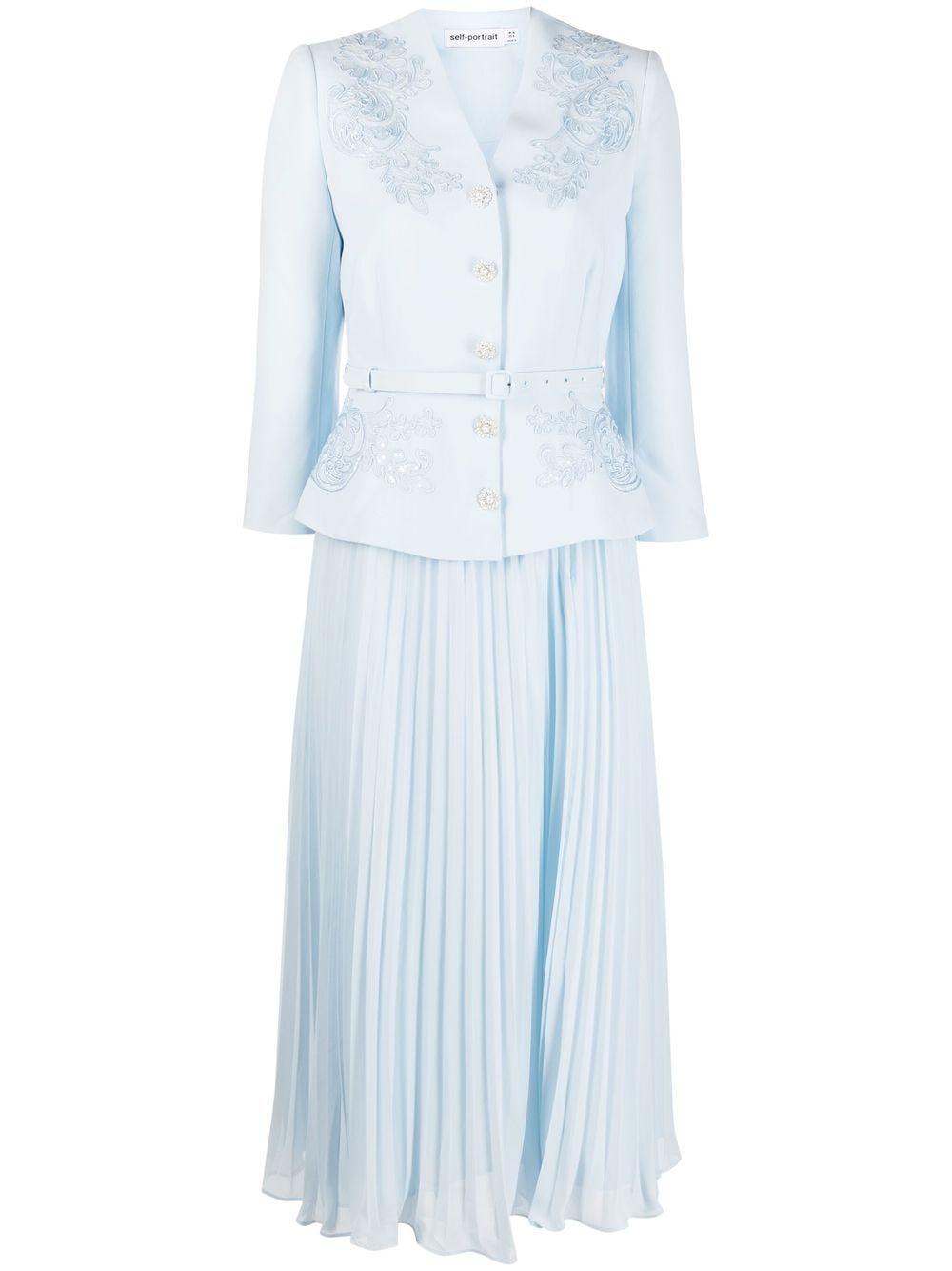 SelfPortrait Floralembroidered Pleated Dress in Blue Lyst