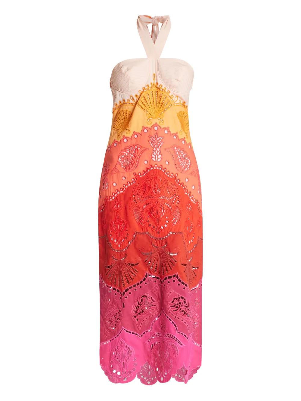 FARM Rio Embroidery-Eyelet Halter-Neck Midi Dress in Red | Lyst