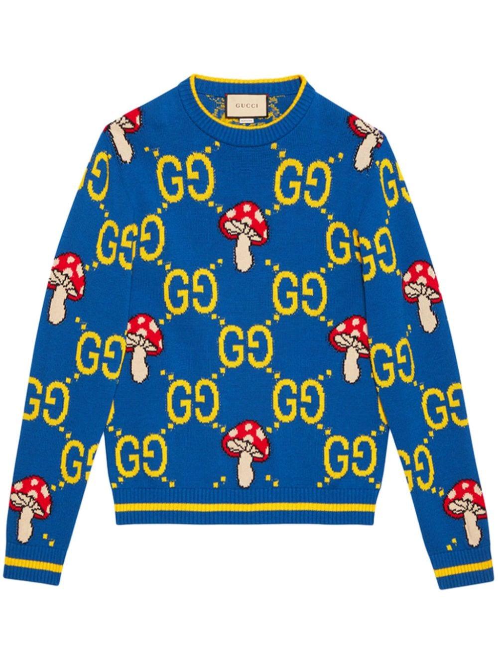 Gucci gg monogram Mushroom intarsia Cotton And Wool blend Jumper in Blue for Men Lyst Canada
