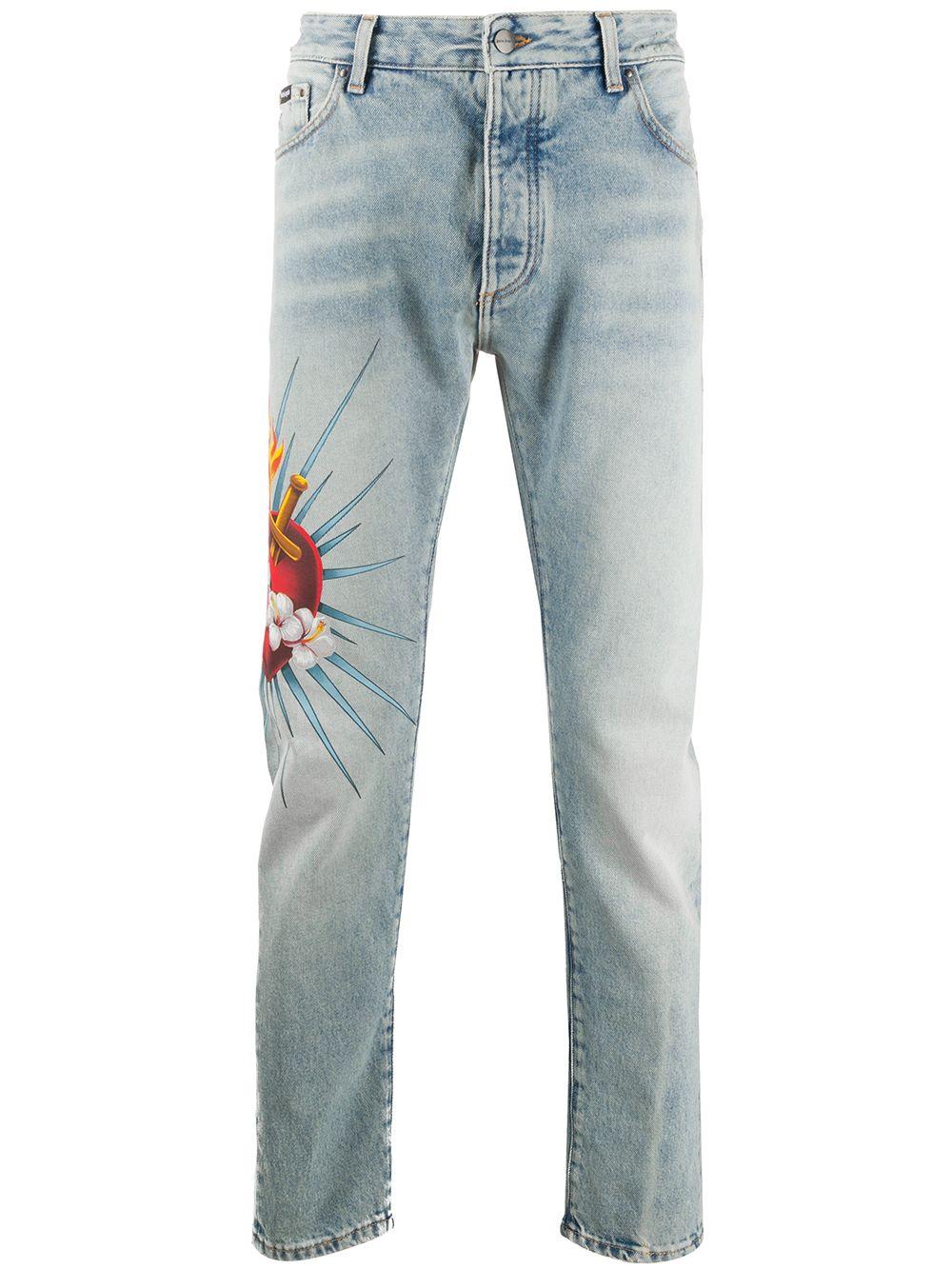 Palm Angels Sacred Heart Print Jeans in Blue for Men | Lyst