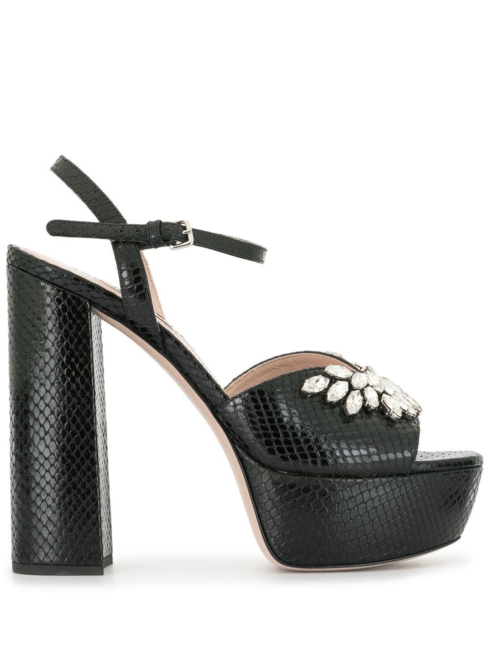 Miu Miu Leather Crystal-embellished Platform Sandals in Black - Lyst