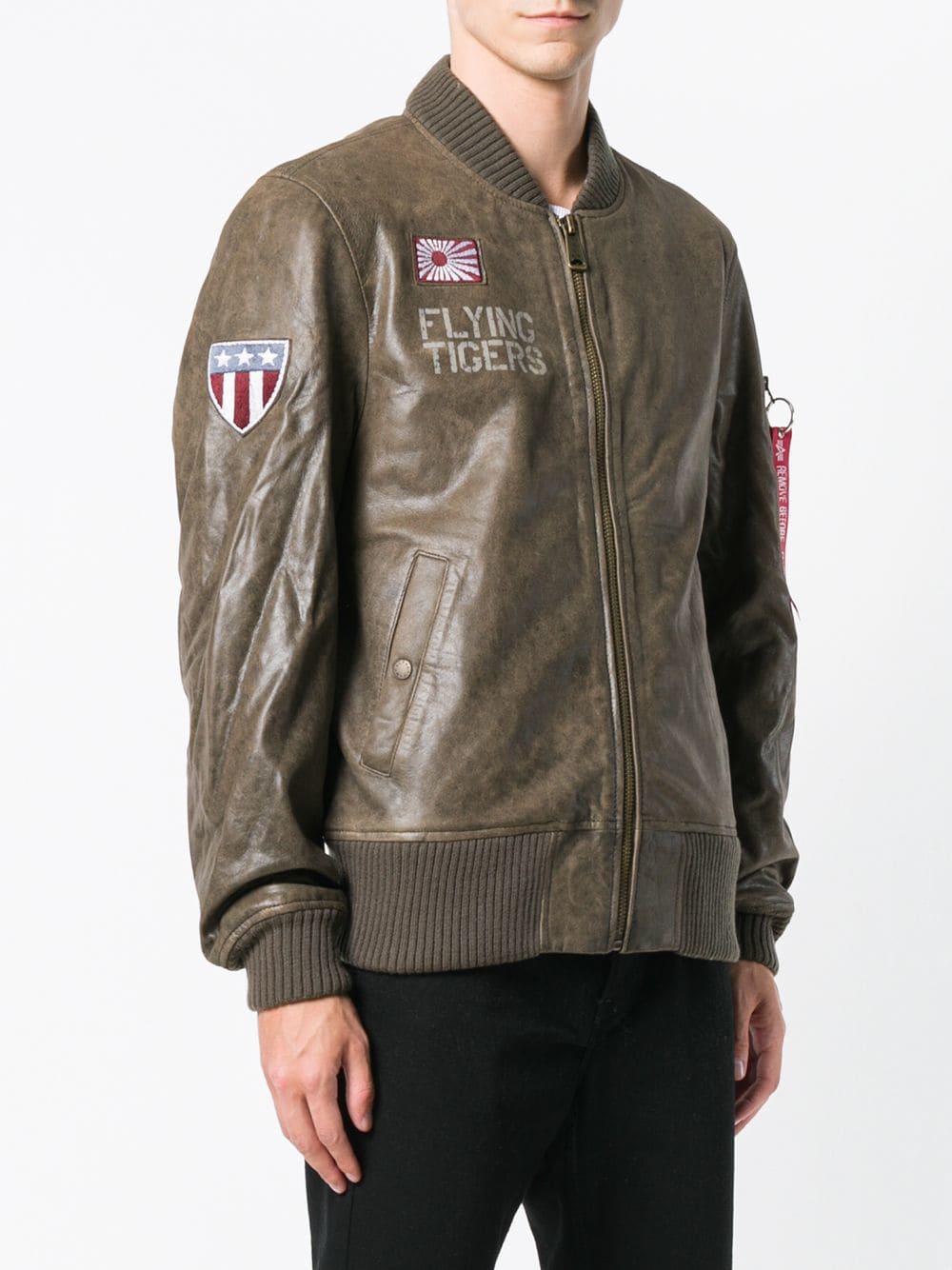 Alpha Industries Leather Flying Tiger Bomber Jacket in Brown for 
