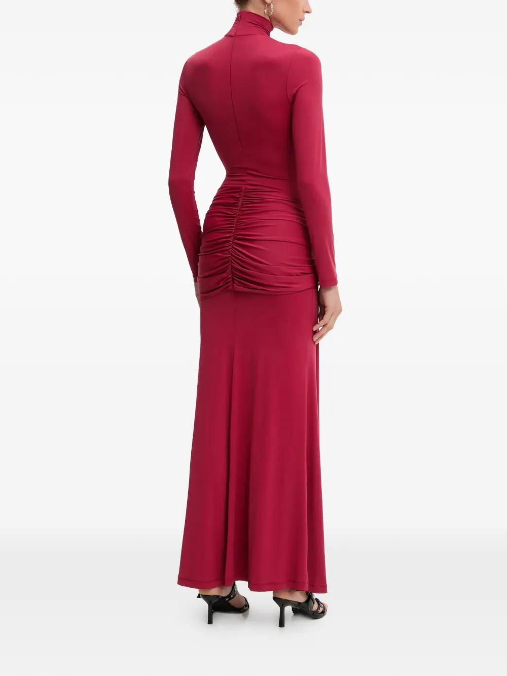 chinese dress ladies Lace High Neck Sheer Bodice Long Sleeve Maxi Dress - Red