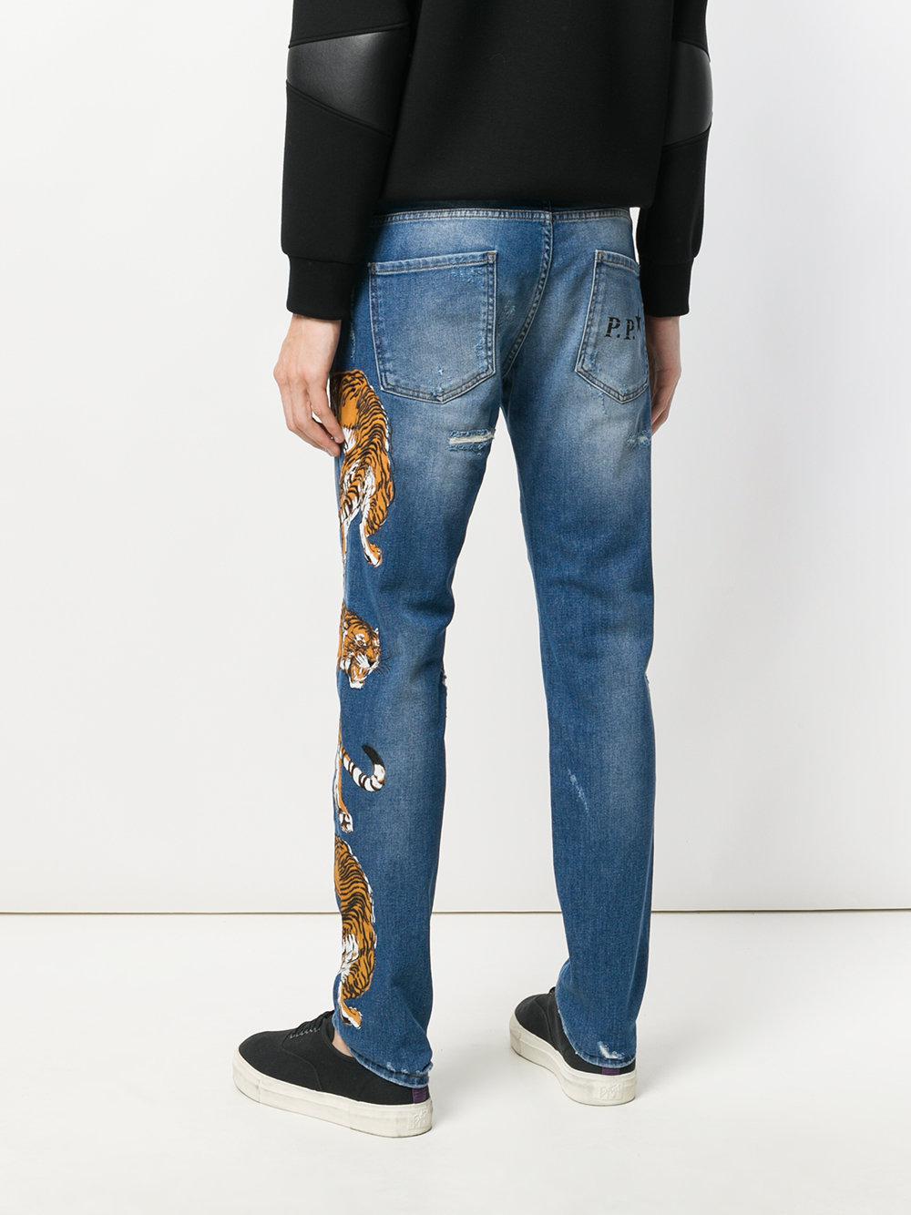 Philipp Plein Denim Straight Leg Tiger Jeans in Blue for Men - Lyst
