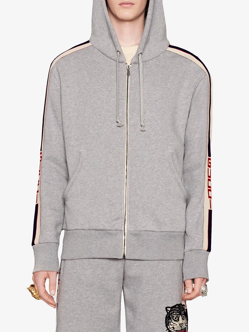 Gucci Cotton Hooded Zip-up Sweatshirt With Stripe in Grey (Gray) for Men -  Lyst
