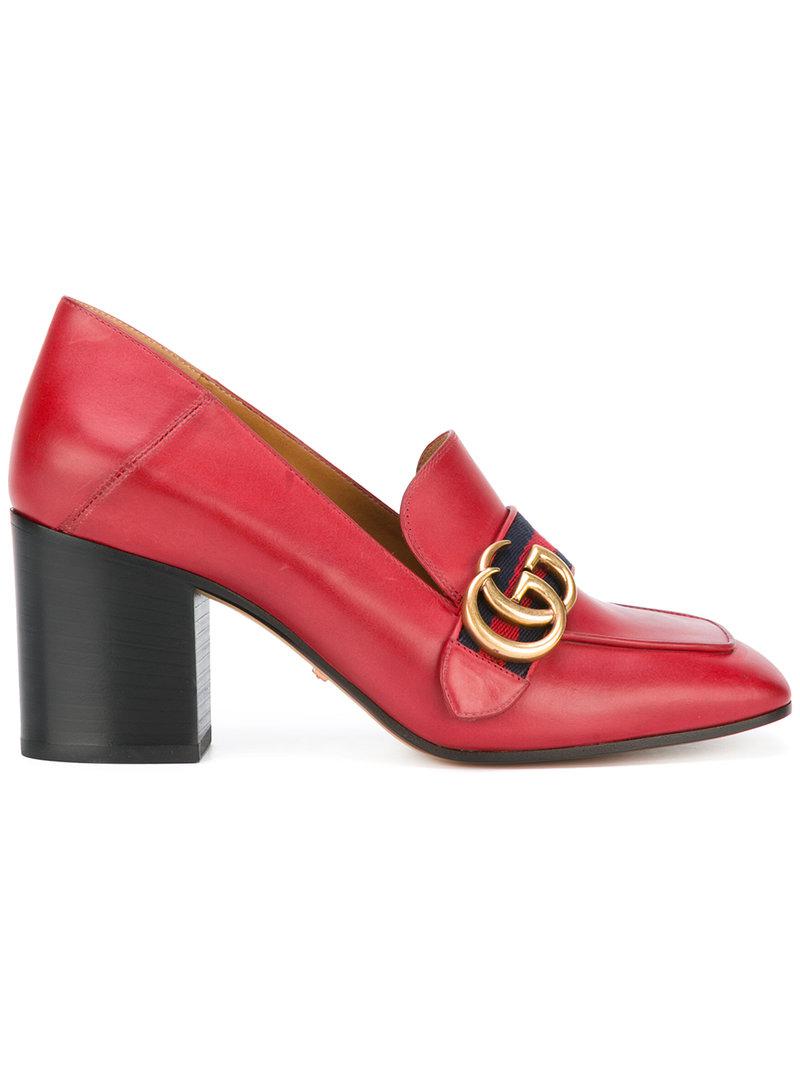 Gucci Leather Gg Web Mid-heel Loafer Pumps in Red - Lyst
